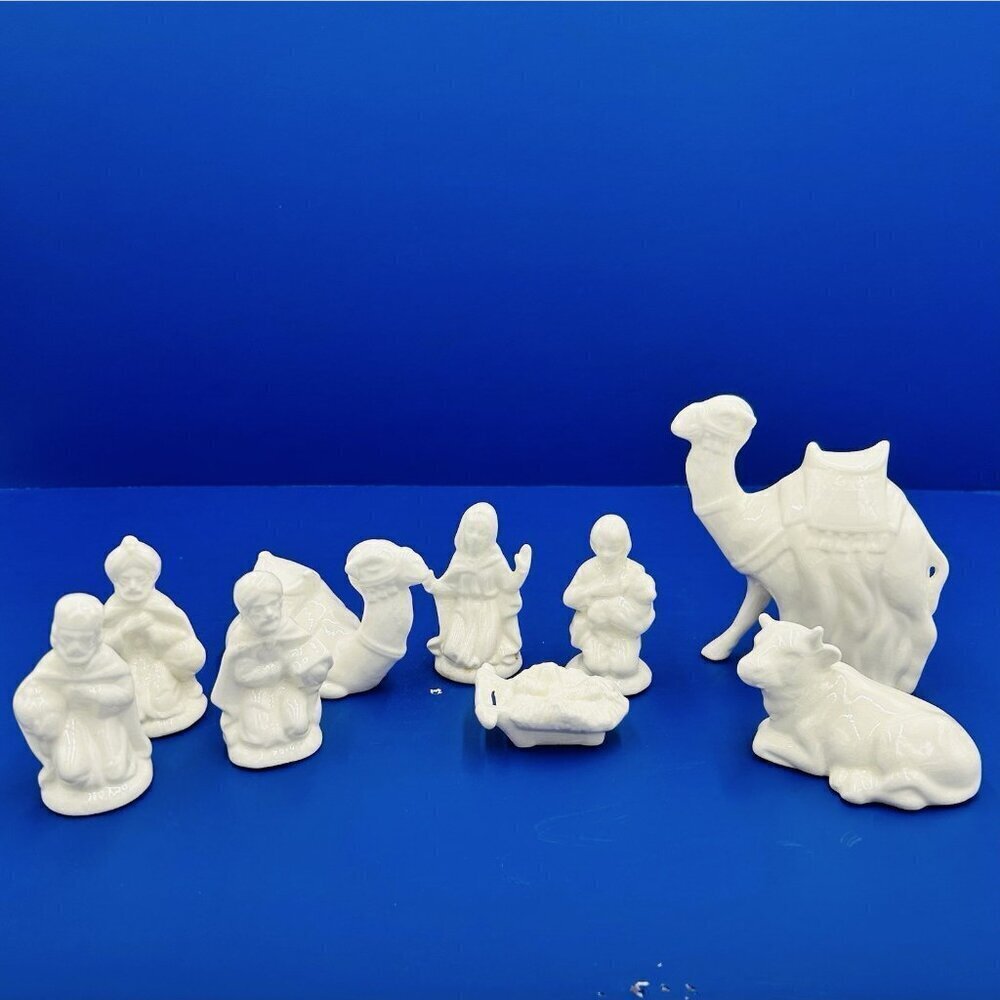 Christmas Nativity Scene Vintage White Ceramic Glazed 9 Piece Set Handmade